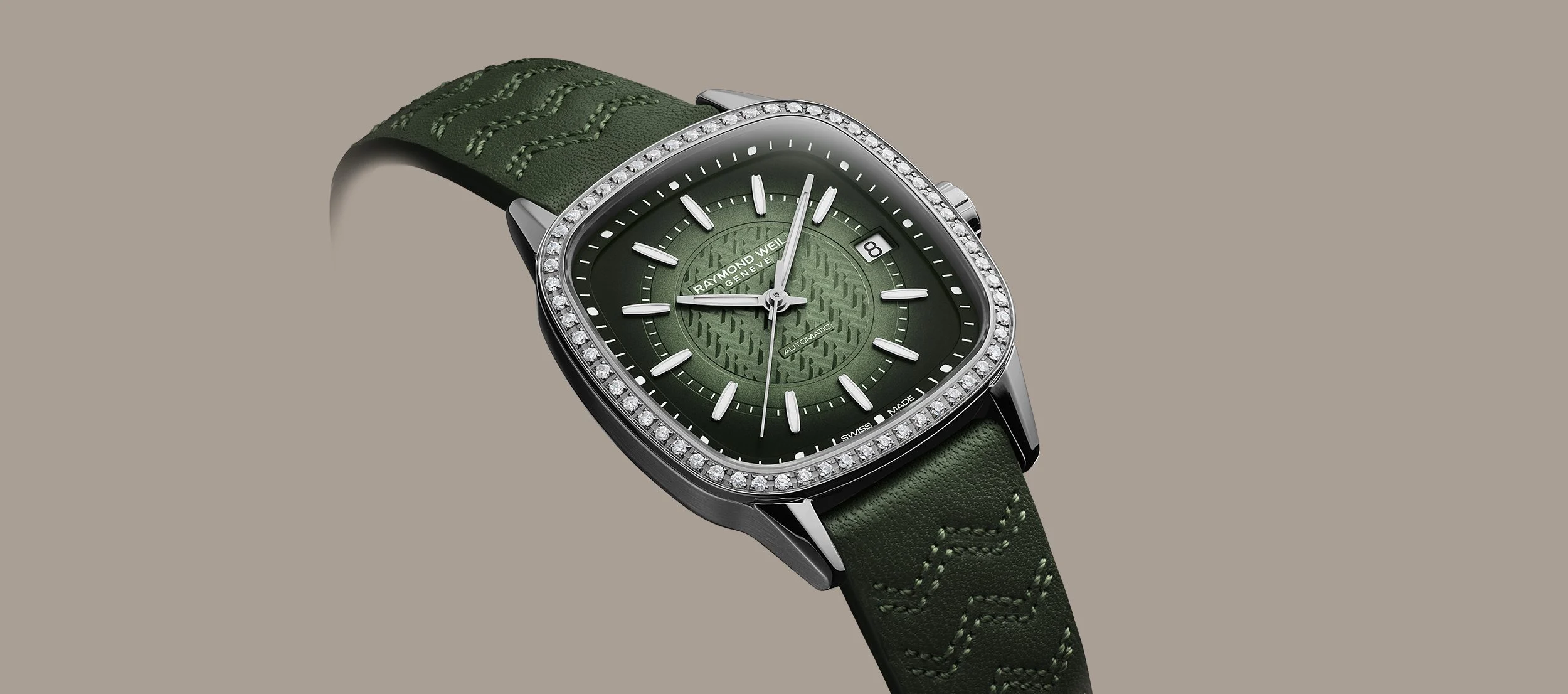 Raymond Weil 2490-SCS-52051 Freelancer Ladies Automatic Green Dial Leather Watch, 34.5 x 34.5 mm Green Leather Strap, Green Dial, Laboratory-Grown Diamonds