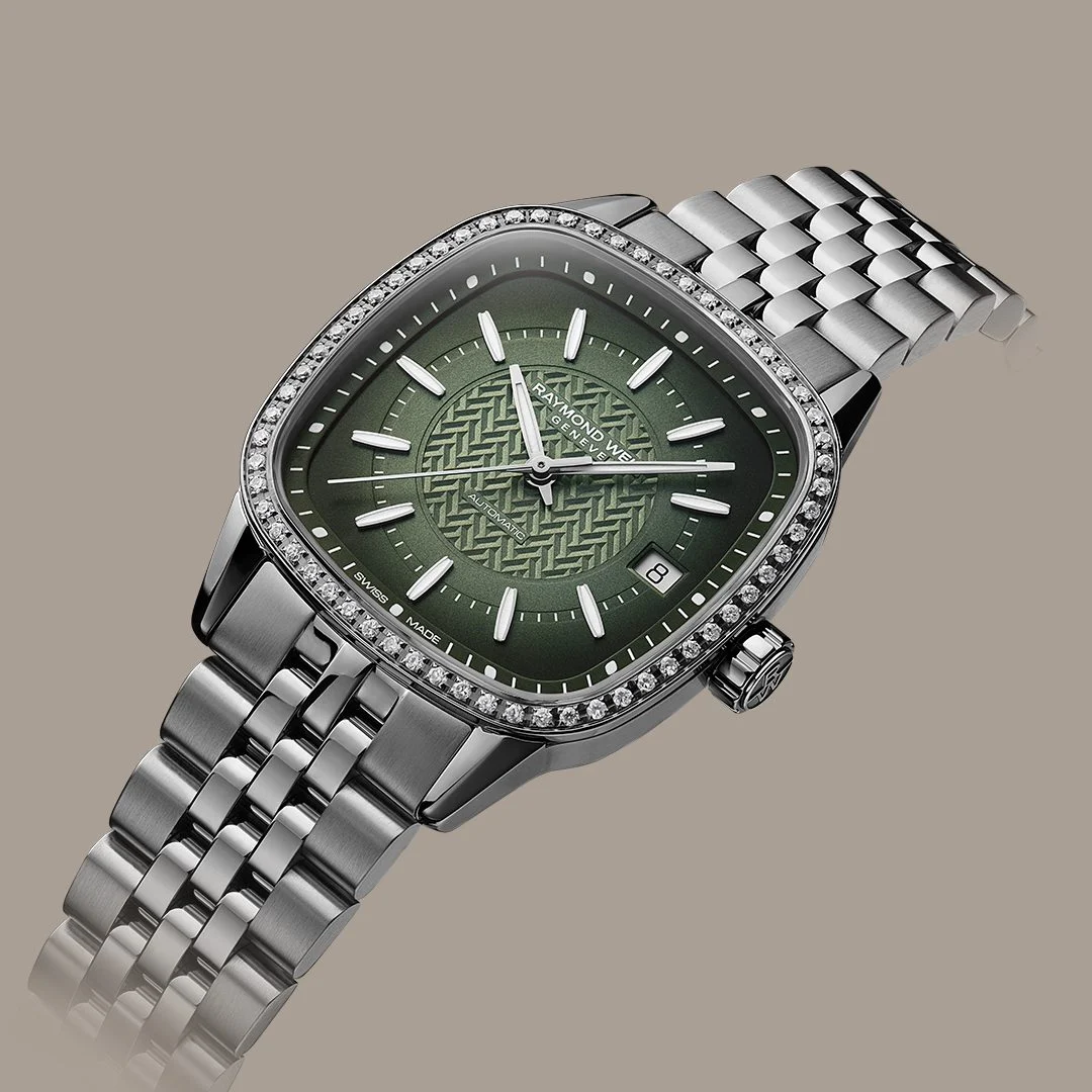 Raymond Weil 2490-STS-52051 Freelancer Ladies Automatic Green Dial Bracelet Watch, 34.5 x 34.5 mm Stainless Steel Bracelet, Gradient Green Dial, Laboratory-Grown Diamonds