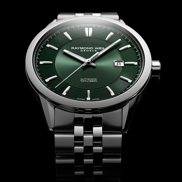 Raymond Weil 2731-ST-52001 Freelancer Men's Automatic Green Dial Stainless Steel Bracelet Watch, 42 mm Stainless Steel Bracelet, Green Dial, Stainless Steel Case, Indexes