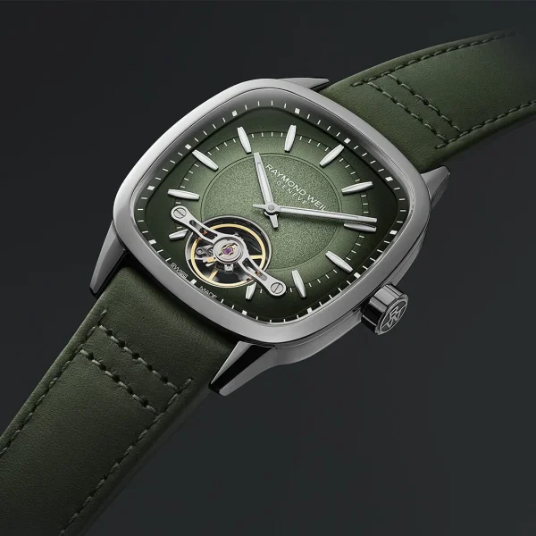 Raymond Weil 2790-STC-52051 Freelancer Calibre RW1212 Men’s Automatic Green Leather Strap Watch, 40 x 40 mm Green Leather Strap, Green Dial, Stainless Steel, Visible Balance Wheel