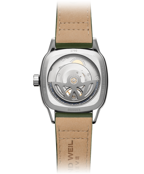 Raymond Weil 2790-STC-52051 Freelancer Calibre RW1212 Men’s Automatic Green Leather Strap Watch, 40 x 40 mm Green Leather Strap, Green Dial, Stainless Steel, Visible Balance Wheel