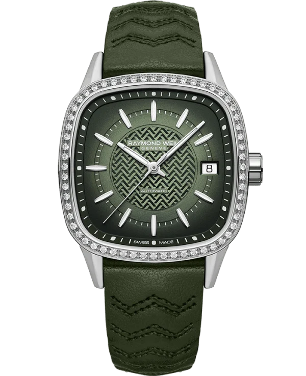 Raymond Weil 2490-SCS-52051 Freelancer Ladies Automatic Green Dial Leather Watch, 34.5 x 34.5 mm Green Leather Strap, Green Dial, Laboratory-Grown Diamonds