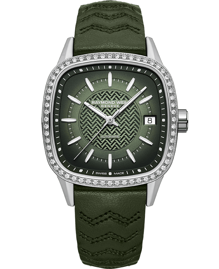 Raymond Weil 2490-SCS-52051 Freelancer Ladies Automatic Green Dial Leather Watch, 34.5 x 34.5 mm Green Leather Strap, Green Dial, Laboratory-Grown Diamonds