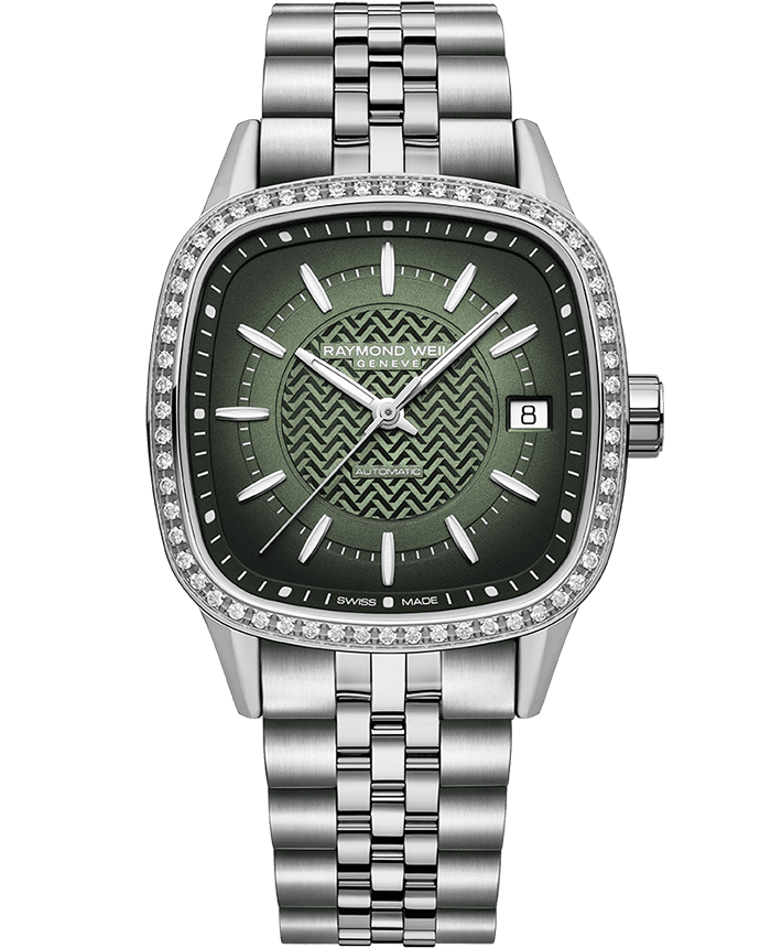 Raymond Weil 2490-STS-52051 Freelancer Ladies Automatic Green Dial Bracelet Watch, 34.5 x 34.5 mm Stainless Steel Bracelet, Gradient Green Dial, Laboratory-Grown Diamonds