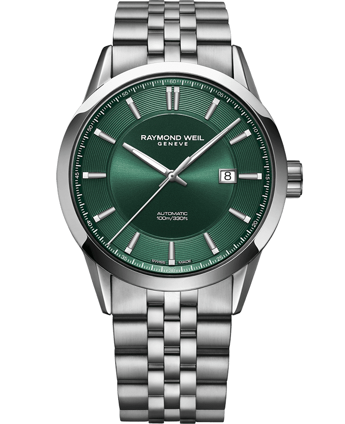 Raymond Weil 2731-ST-52001 Freelancer Men's Automatic Green Dial Stainless Steel Bracelet Watch, 42 mm Stainless Steel Bracelet, Green Dial, Stainless Steel Case, Indexes