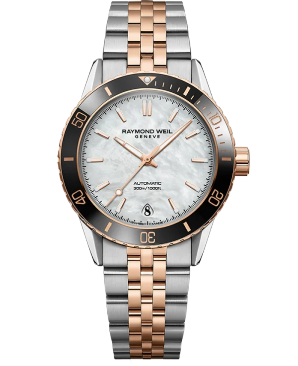 Raymond Weil 2755-S51-97001 Freelancer Diver Rose Gold PVD Two-Tone Bracelet Watch, 36mm Mother-of-Pearl Dial, Stainless Steel with Rose Gold PVD Plating, Two-Tone Bracelet, Indexes