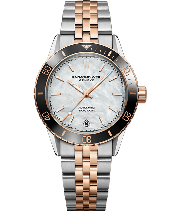 Raymond Weil 2755-S51-97001 Freelancer Diver Rose Gold PVD Two-Tone Bracelet Watch, 36mm Mother-of-Pearl Dial, Stainless Steel with Rose Gold PVD Plating, Two-Tone Bracelet, Indexes