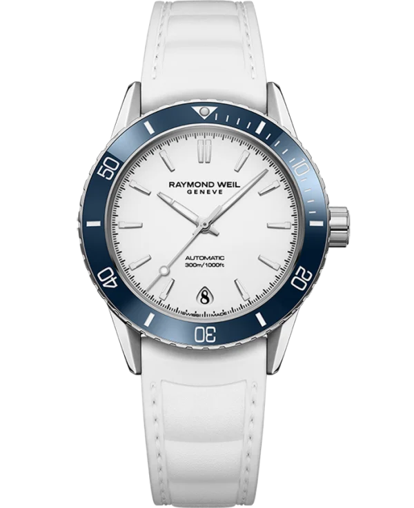 Raymond Weil 2755-S83-30001 Freelancer Diver White Rubber Strap Watch, 36mm White Dial, Stainless Steel Case, Blue Ceramic Bezel, White Rubber Strap, Indexes