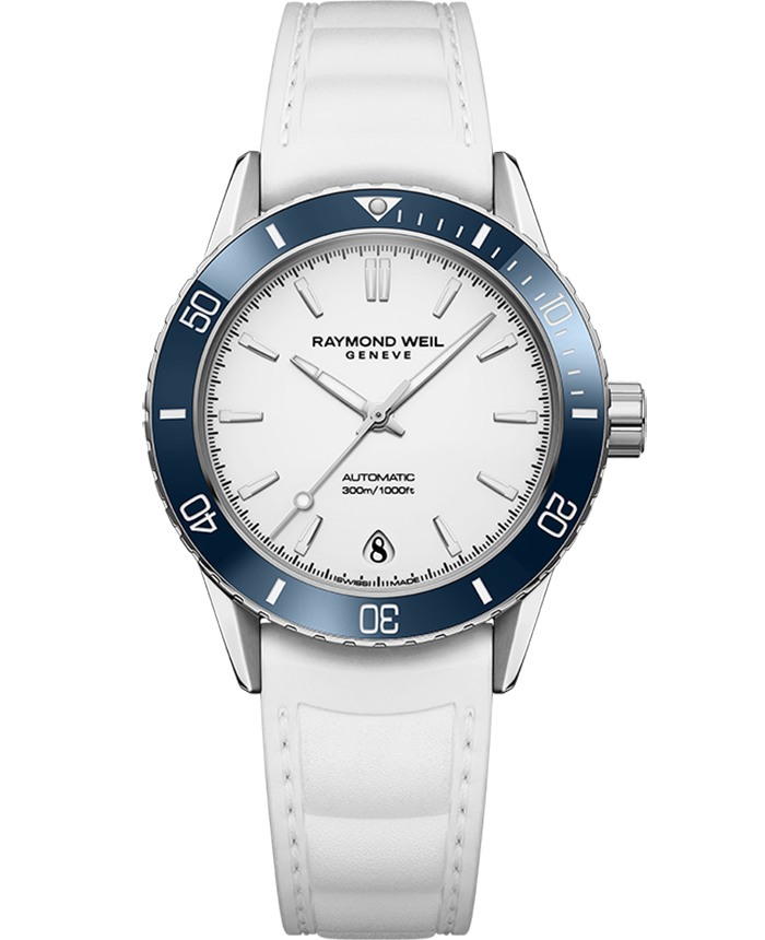 Raymond Weil 2755-S83-30001 Freelancer Diver White Rubber Strap Watch, 36mm White Dial, Stainless Steel Case, Blue Ceramic Bezel, White Rubber Strap, Indexes