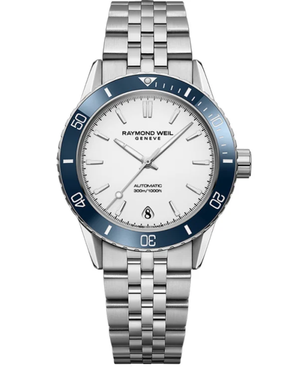 Raymond Weil 2755-ST3-30001 Freelancer Diver White Dial Bracelet Watch, 36mm White Dial, Stainless Steel Bracelet, Blue Ceramic Bezel, Indexes