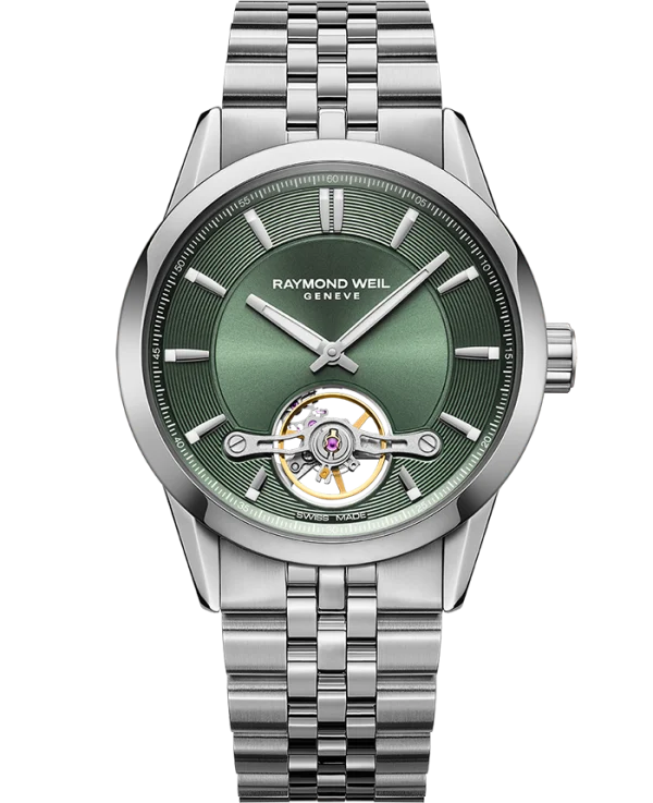 Raymond Weil 2781-ST-52051 Freelancer Calibre RW1212 Men's Automatic Green Steel Watch, 42.5mm Stainless steel bracelet, green dial, visible balance wheel