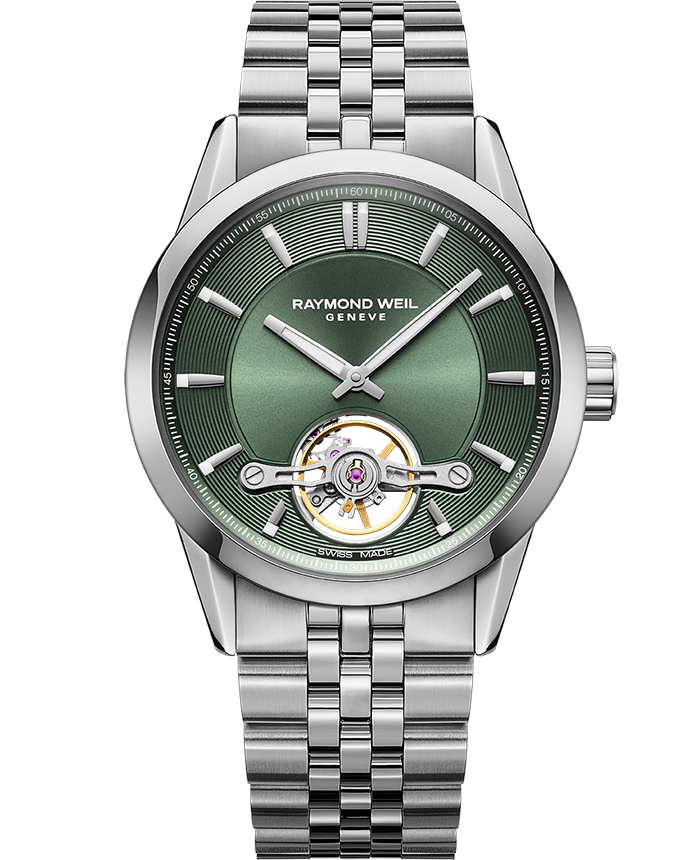 Raymond Weil 2781-ST-52051 Freelancer Calibre RW1212 Men's Automatic Green Steel Watch, 42.5mm Stainless steel bracelet, green dial, visible balance wheel