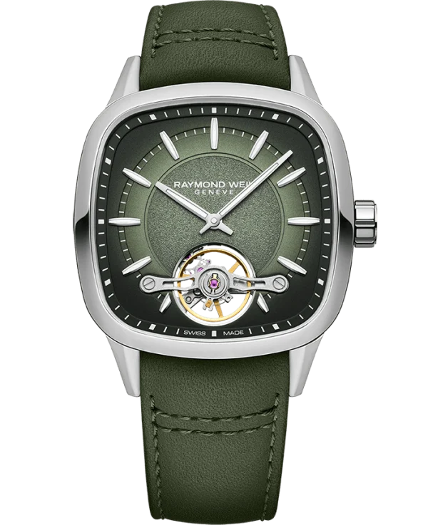 Raymond Weil 2790-STC-52051 Freelancer Calibre RW1212 Men’s Automatic Green Leather Strap Watch, 40 x 40 mm Green Leather Strap, Green Dial, Stainless Steel, Visible Balance Wheel