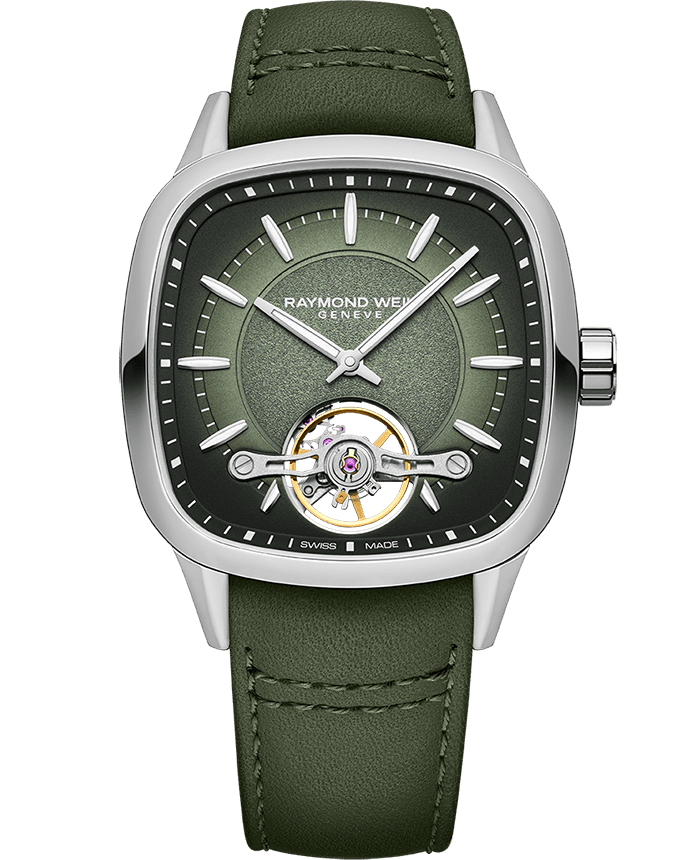 Raymond Weil 2790-STC-52051 Freelancer Calibre RW1212 Men’s Automatic Green Leather Strap Watch, 40 x 40 mm Green Leather Strap, Green Dial, Stainless Steel, Visible Balance Wheel