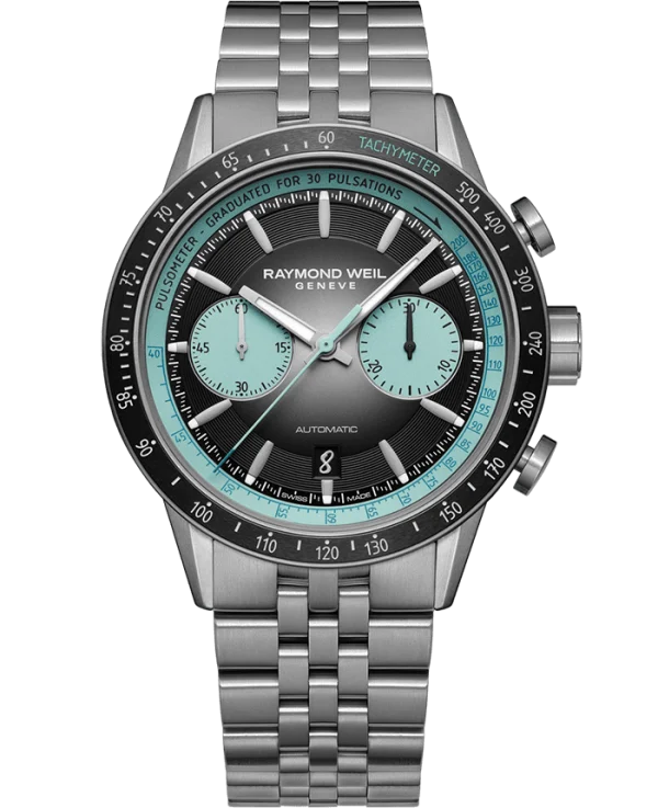 Raymond Weil 7780-TI-20425 Freelancer Pop Men's Automatic Chronograph Bi-Compax Titanium Bracelet Watch, 43.5 mm Titanium with a black ceramic tachymeter bezel, Gradient Black Dial with two turquoise counters, Titanium Bracelet