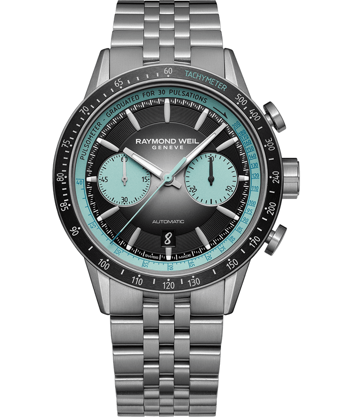 Raymond Weil 7780-TI-20425 Freelancer Pop Men's Automatic Chronograph Bi-Compax Titanium Bracelet Watch, 43.5 mm Titanium with a black ceramic tachymeter bezel, Gradient Black Dial with two turquoise counters, Titanium Bracelet