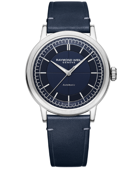 Raymond Weil 2925-STC-50001 Millesime Men's Automatic Blue Leather Strap Watch, 39.5 mm Blue Sector Dial, Blue Leather Strap, Stainless Steel