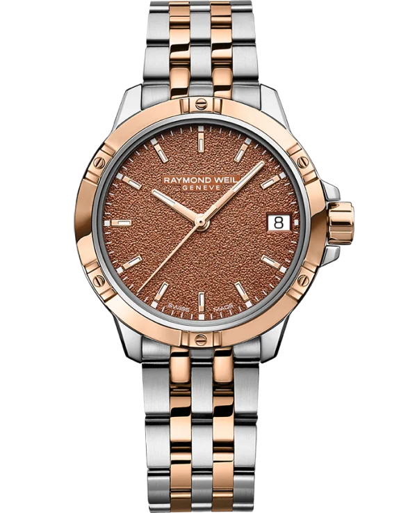 Raymond Weil 5960-SP5-70061 Tango Classic Ladies Quartz Two-Tone Terracotta Frosted Dial Watch, 30mm Stainless Steel Bracelet, Rose Gold PVD, Terracotta Frosted Dial, Indexes, Date