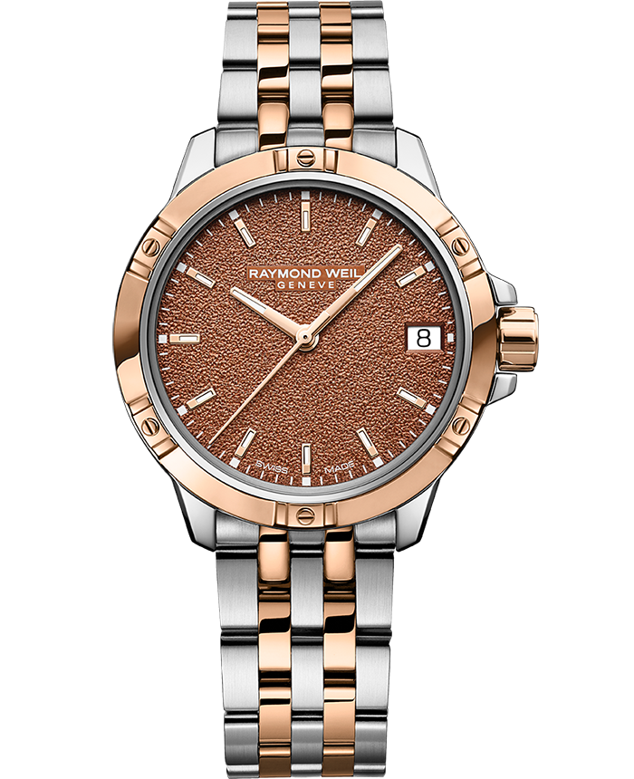 Raymond Weil 5960-SP5-70061 Tango Classic Ladies Quartz Two-Tone Terracotta Frosted Dial Watch, 30mm Stainless Steel Bracelet, Rose Gold PVD, Terracotta Frosted Dial, Indexes, Date