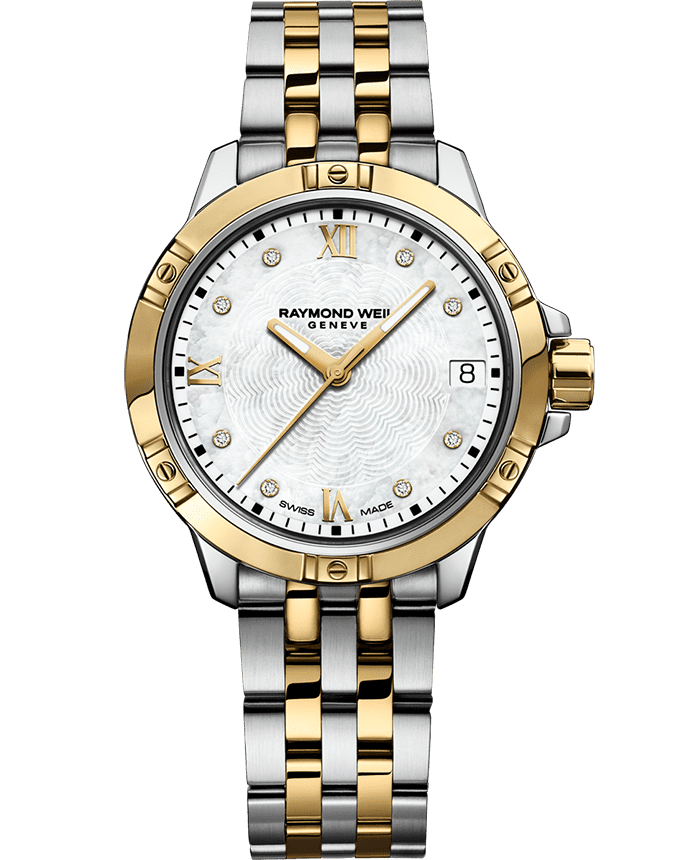 Raymond Weil 5960-STP-00995 Tango Classic Ladies Quartz Gold Two-Tone Stainless Steel Diamond Watch, 30mm Stainless Steel Bracelet, Mother-of-pearl Dial, Roman Numerals, 8 Diamonds, Yellow Gold PVD