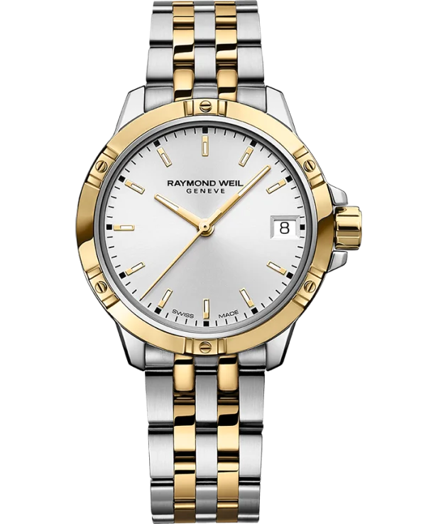 Raymond Weil 5960-STP-30041 Tango Classic Ladies Quartz Two-Tone White Dial Steel Date Watch, 30mm Stainless Steel Bracelet, Yellow Gold PVD, Sunrayed White Dial, Indexes, Date