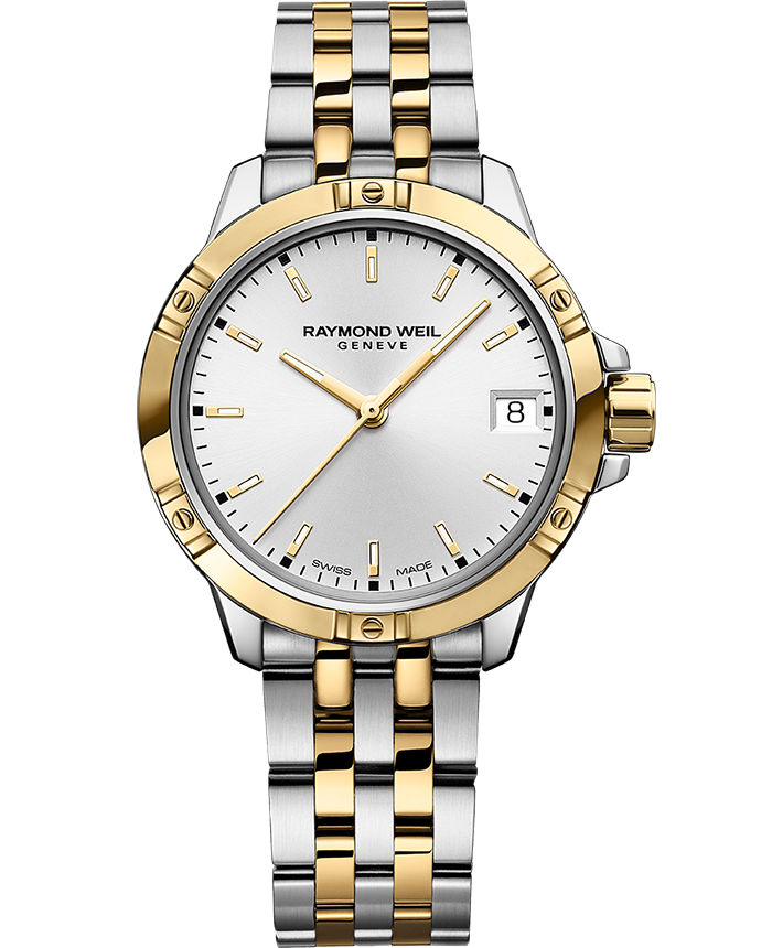 Raymond Weil 5960-STP-30041 Tango Classic Ladies Quartz Two-Tone White Dial Steel Date Watch, 30mm Stainless Steel Bracelet, Yellow Gold PVD, Sunrayed White Dial, Indexes, Date