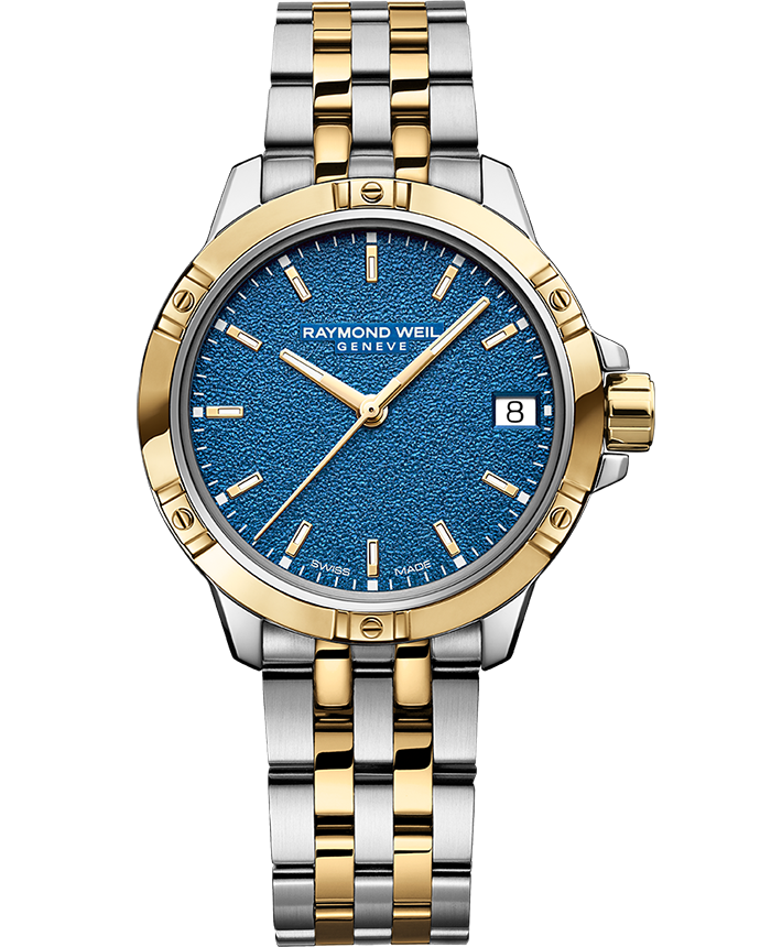 Raymond Weil 5960-STP-50061 Tango Classic Ladies Quartz Two-Tone Blue Frosted Dial Steel Date Watch, 30mm Stainless Steel Bracelet, Yellow Gold PVD, Blue Frosted Dial, Indexes, Date