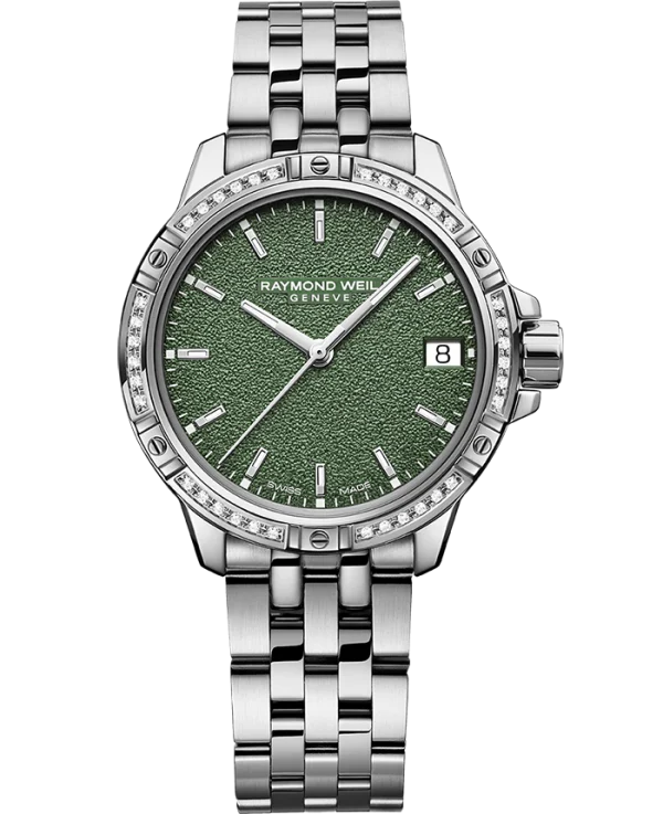 Raymond Weil 5960-STS-52061 Tango Classic Ladies Quartz Diamonds Green Frosted Dial Steel Date Watch, 30mm Stainless Steel Bracelet, Green Frosted Dial, Diamonds, Indexes, Date, Stainless Steel Case