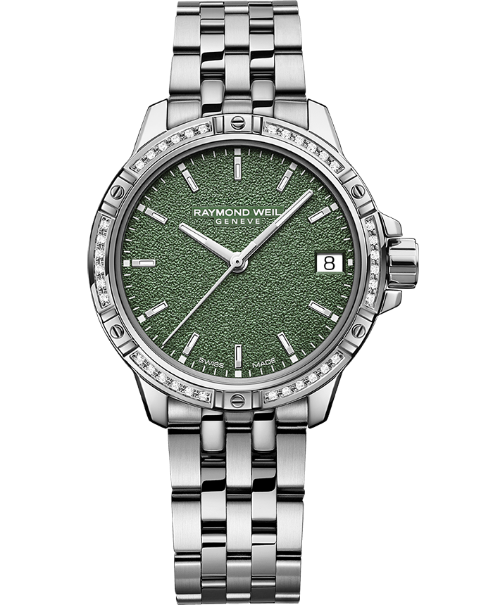 Raymond Weil 5960-STS-52061 Tango Classic Ladies Quartz Diamonds Green Frosted Dial Steel Date Watch, 30mm Stainless Steel Bracelet, Green Frosted Dial, Diamonds, Indexes, Date, Stainless Steel Case