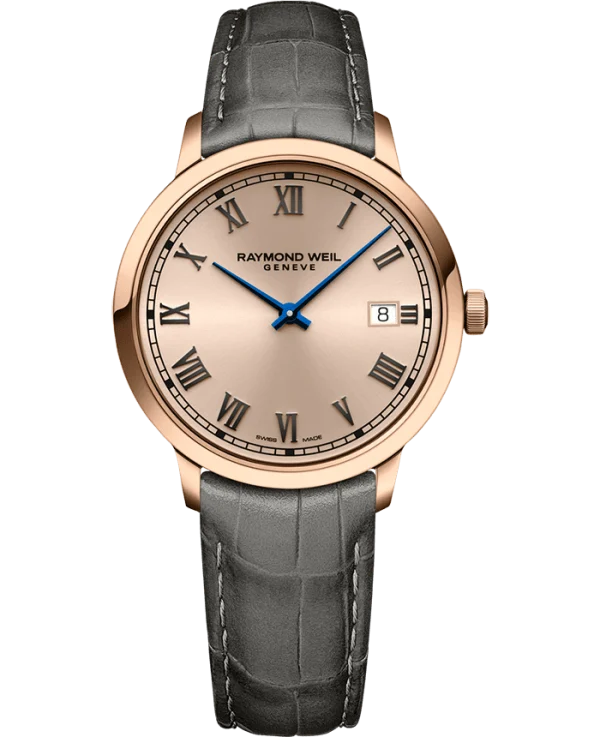 Raymond Weil 5485-PC5-00859 Toccata Men's Classic Rosé Dial Leather Quartz Watch, 39 mm Grey Leather Strap, Rosé Colour Dial, Stainless Steel With Rose Gold PVD Plated Case, Applied Roman Numeral Indexes, Railway-Track Chapter Ring