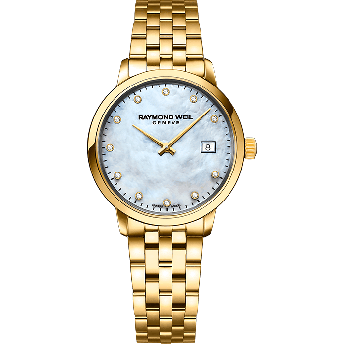 Raymond Weil 5985-P-97081 Toccata Ladies Classic Gold Diamond Steel Watch, 29mm Stainless Steel, White Mother-of-pearl Dial, 11 Diamonds, Yellow Gold Pvd