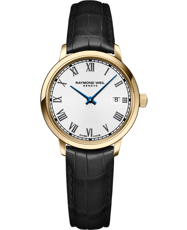 Raymond Weil 5985-PC-00359 Toccata Ladies Gold PVD Leather Quartz Watch, 29 mm Black Leather Strap, Stainless Steel With Yellow Gold PVD Plated Case, White Dial, Roman Numeral Indexes, Railway-Track Chapter Ring