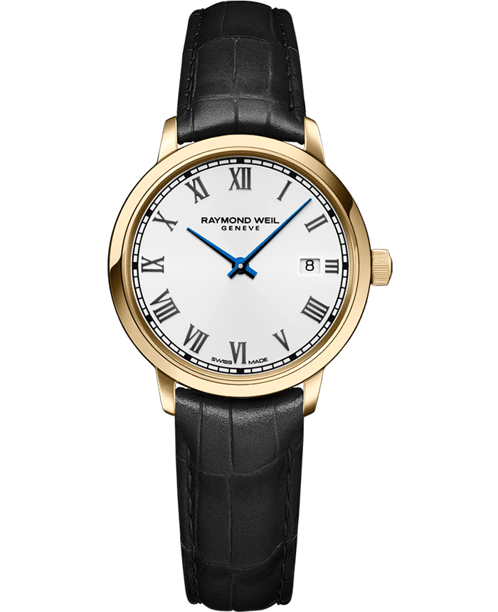 Raymond Weil 5985-PC-00359 Toccata Ladies Gold PVD Leather Quartz Watch, 29 mm Black Leather Strap, Stainless Steel With Yellow Gold PVD Plated Case, White Dial, Roman Numeral Indexes, Railway-Track Chapter Ring