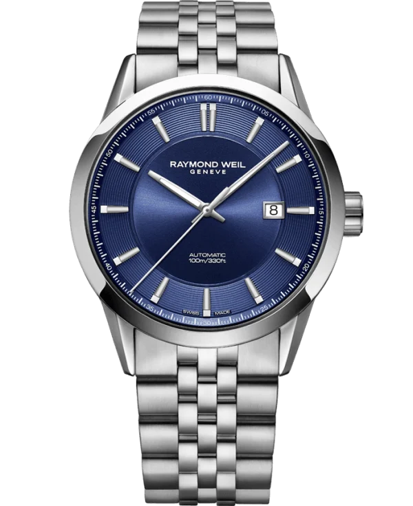 Raymond Weil 2731-ST-50001 Freelancer Men's Automatic Blue Dial Stainless Steel Bracelet Watch, 42mm stainless steel bracelet, blue dial,