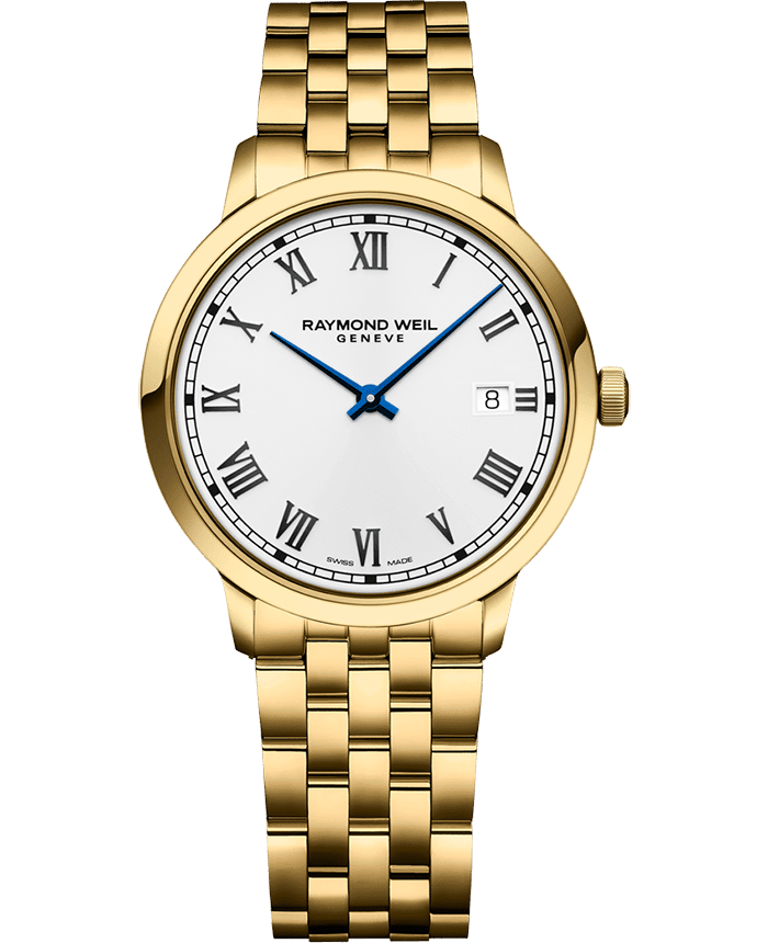 Raymond Weil 5485-P-00359 Toccata Men's Classic Gold PVD White Dial Quartz Watch, 39 mm Stainless Steel With Yellow Gold PVD Plated Case, White Dial, Applied Roman Numeral Indexes, Railway-Track Chapter Ring