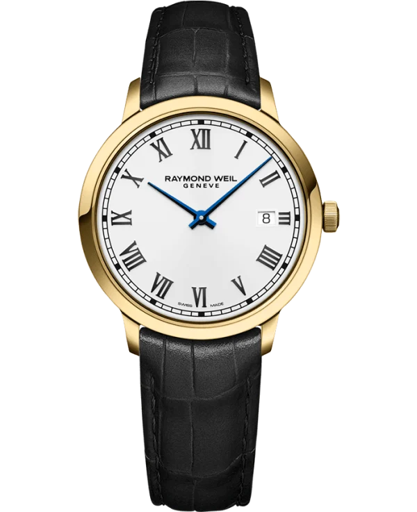 Raymond Weil 5485-PC-00359 Toccata Men's Classic Gold PVD Leather Quartz Watch, 39 mm Black Leather Strap, White Dial, Stainless Steel With Yellow Gold PVD Plated Case, Applied Roman Numeral Indexes, Railway-Track Chapter Ring