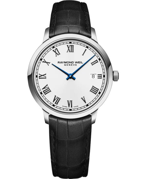 Raymond Weil 5485-STC-00359 Toccata Men's Classic White Dial Leather Quartz Watch, 39 mm Black Leather Strap, White Dial, Stainless Steel Case, Applied Roman Numeral Indexes, Railway-Track Chapter Ring