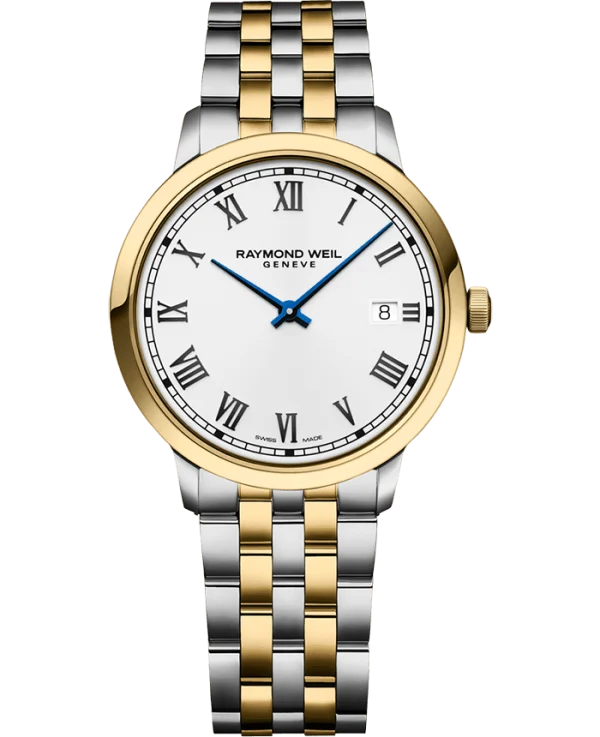 Raymond Weil 5485-STP-00359 Toccata Men's Classic Two-Tone Gold PVD Quartz Watch, 39 mm Stainless Steel Two-Tone Bracelet, Stainless Steel With Yellow Gold PVD Plated Case, White Dial, Applied Roman Numeral Indexes, Railway-Track Chapter Ring