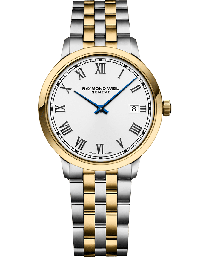 Raymond Weil 5485-STP-00359 Toccata Men's Classic Two-Tone Gold PVD Quartz Watch, 39 mm Stainless Steel Two-Tone Bracelet, Stainless Steel With Yellow Gold PVD Plated Case, White Dial, Applied Roman Numeral Indexes, Railway-Track Chapter Ring