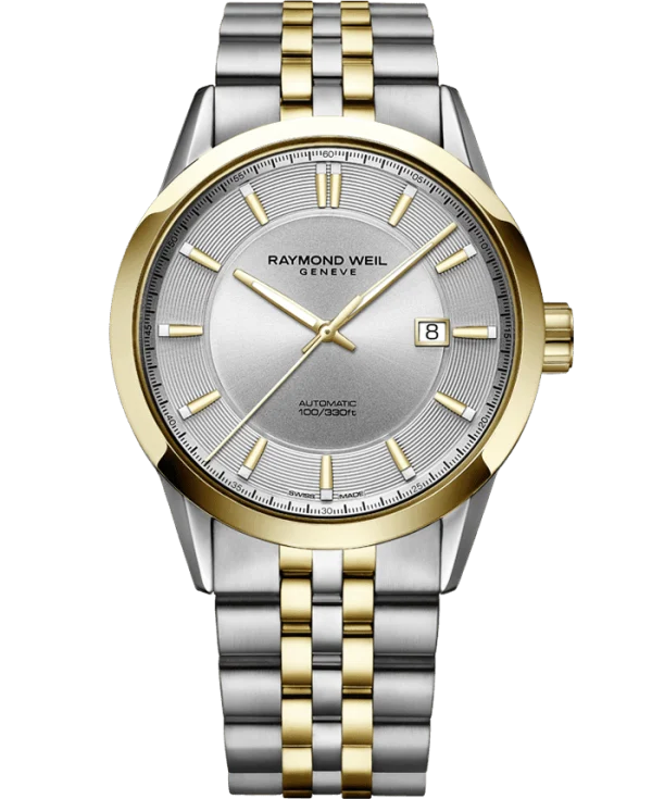 Raymond Weil 2731-STP-65001 Freelancer Men's Automatic Classic Two-Tone Yellow Gold Date Watch, 42mm Silver Dial With Indexes