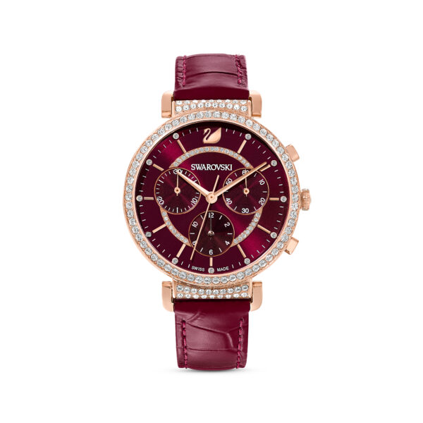 Swarovsk 5580345 Passage Chrono Watch, Swiss Made, Leather Strap, Red, Rose Gold-tone Finish