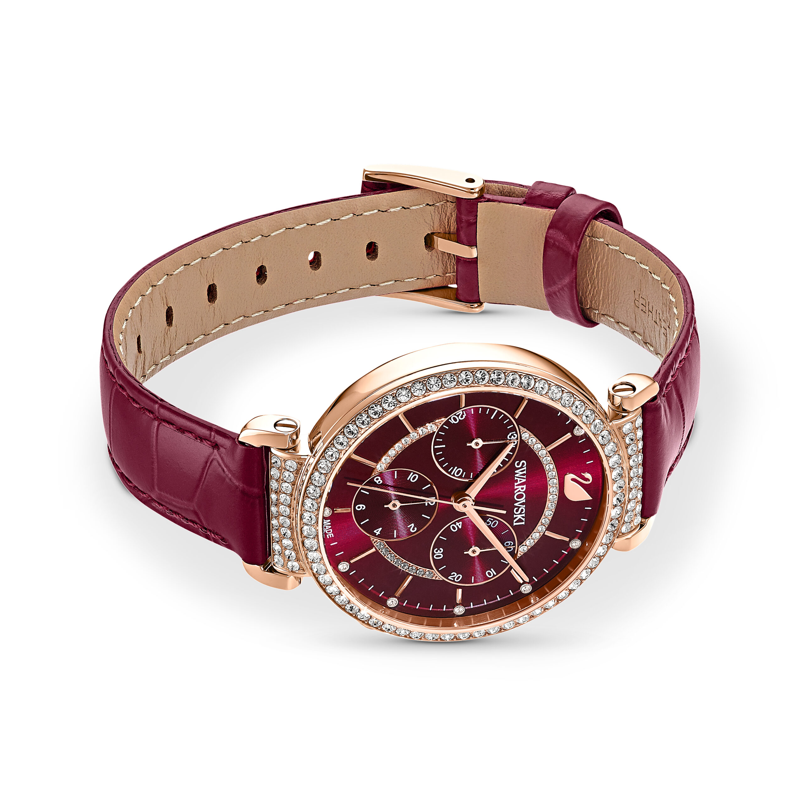 Swarovsk 5580345 Passage Chrono Watch, Swiss Made, Leather Strap, Red, Rose Gold-tone Finish