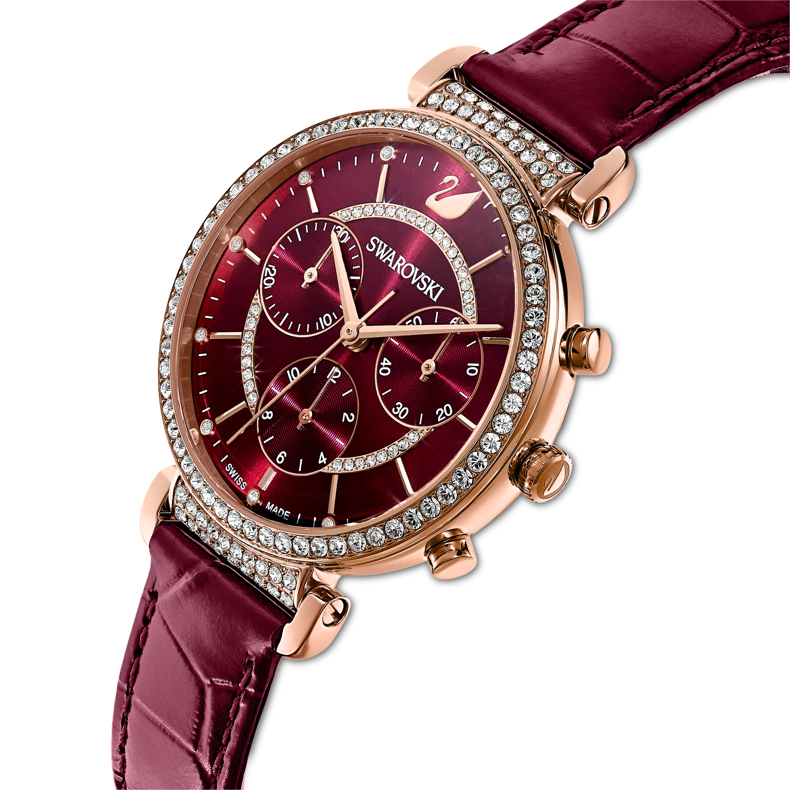 Swarovsk 5580345 Passage Chrono Watch, Swiss Made, Leather Strap, Red, Rose Gold-tone Finish