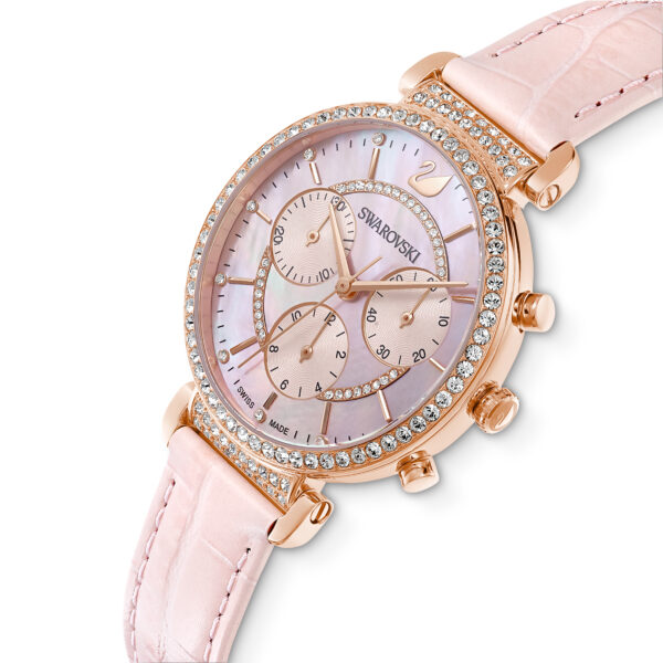 Swarovsk 5580352 Passage Chrono Watch, Swiss Made, Leather Strap, Pink, Rose Gold-tone Finish